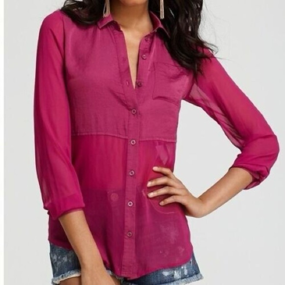 Free People Best of Both Worlds Sheer Hi-Low Blouse • Hot Raspberry • NWT XS